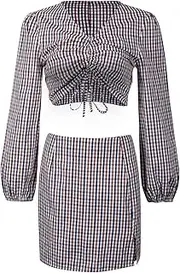 [Legou] Women's sexy V-neck elastic belt plaid short long sleeve skirt 2 pieces