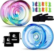 Pack of 2 Responsive Yoyos for Kids Beginners, K2 YoYo with 2 Yoyo Gloves, 2 Yoyo Bags, 12 Yoyo Strings (Crystal Blue+Blue Pink Yellow)