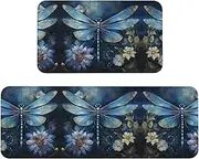 Art Blue Dragonfly Print Kitchen Floor Mat 2 Sets Non-Slip Rugs for Kitchen Laundry Office and Home Decor