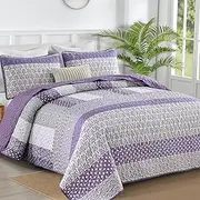 WONGS BEDDING Purple Quilt Queen Size, Bohemian Stripe Quilt Sets 3 Pieces Boho Quilted Bedspread Set Lightweight Microfiber Coverlet Bedding Set All Season (96"x90")