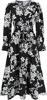 [Bciopll] Women Printed Shrink Waist Strap Dress Long Sleeves Bowtie Floral Knee Length Dress