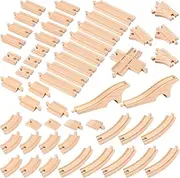 Leyndo 52 Pcs Wooden Train Track Set Train Track Expansion Pack Toy Railway Wooden Train Track Pieces for Expansion Compatible with All Major Brands, As Pictures Shown