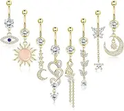 [Sanfenly] 8Pcs Stainless Steel Dangle Belly Button Rings for Women Evil Eye CZ Navel Rings Barbell CZ Body Piercing Jewelry 14G
