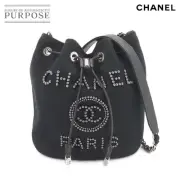 CHANEL Deauville Drawstring Chain Shoulder Bag Canvas Leather Black AS1045 Dea