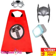 Boys Thor Superhero Costume Kids Child Light Up Sound Weapon Hammer Mask Cape