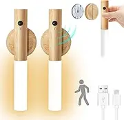 BLAZDEVE Wooden Wall Light with Motion Sensor Indoor, USB Rechargeable Indoor Wall Lamp Cabinet Lights, Warm White Wireless Battery LED Wall Light Indoor with Switch for Bedroom Stair Hallway