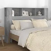 Sonoma Grey Wood Headboard Cabinet for 160 cm Bed, Wall Mounted Storage Solution for Bedroom
