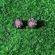 Handmade Button Earrings Stud Flowers Black Fabric Retro 80s Style NEW