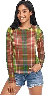 [RPLIFE] Plaid Striking Green Red Mesh Long Sleeve Top, Sheer Long Sleeve Tops for Women S-XXL