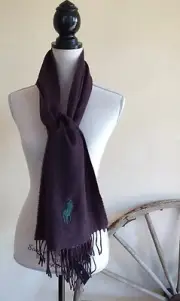 RALPH LAUREN Polo Classic Burgundy Purple Lambs Wool Scarf Large Green Pony NWT