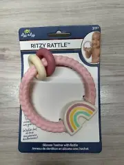 Silicone Teether with Rattle;Features Rattle Sound,Two Silicone Rings and Raised