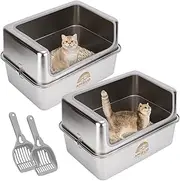 Amibud 2 Pack XL Stainless Steel Cat Litter Box -Extra Large Metal Litter Boxes for Big Cats, Kitty Litter Pan Tray with Lid Scoop