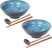 STE-CER Ceramic Japanese Style Ramen Bowl Set with Chopsticks,8 inch 40 oz Pho Bowls & Asian Soup Bowl and Spoons Set for Udon Noodle,Soba,Miso Soup,Set of 2 (Blue)