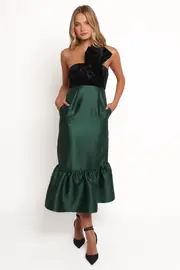 [PUP3] Amelie Bow Front One Shoulder Midi Dress - Black/Emerald XS emerald