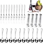 24 Pieces Appetizer Spoons and Forks Cheese Spreader Knife Mini Tongs Stainless Steel 4.3 Inch Ice Tongs 5.11 Inch Dessert Spoons and 5.39 Inch Cocktail Forks for Party (Circular Spoon)