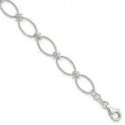 Sterling Silver Polished Textured Fancy Oval Link Bracelet 7.5" 4.96gm