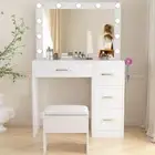 Makeup Vanity Table with LED Mirror & Stool – 4 Drawers, Power Outlets