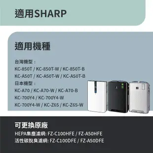 適用Sharp夏普 KC-A50T KC-850T KC-850T-W 空氣清淨機 HEPA+活性碳濾網 濾芯