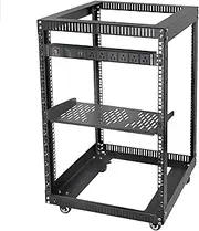 RIVECO 15U 19 Inch Open Frame Server Rack with Wheels Including 1U Rack Shelf & Power Strip Universal for 19" Network Equipment Black