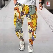 Men's Joggers Trousers Beach Pants Drawstring Elastic Waist Animal Cat Graphic Prints Comfort Breathable Sports Outdoor Casual Daily Streetwear Designer Yellow