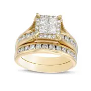 1.5 CT. T.W. Princess-Cut Quad Natural Diamond Frame Bridal Engagement Ring Set in Solid 14K Gold