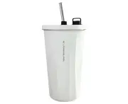 600Ml Tumbler Stainless Steel Vacuum Insulated Coffee Ice Cup Double-Wall Drinking Cup With Straw,White