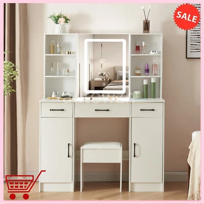 Modern Vanity Desk w/ LED Mirror, 3 Drawers and Stool - Makeup Dressing Table