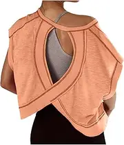 [Akklian] Open Back Tank Tops for Women 2024 Workout Tops Backless Cap Short Sleeve Athletic T-Shirt Y2k Crop Top Gym Yoga Tees