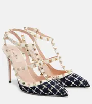 [Valentino Garavani] Valentino Garavani Rockstud 100 leather-trimmed bouclé pumps AU 11 blue