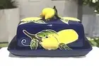 Blue Sky Clayworks Covered Butter Dish Lemons On Blue NEW Auth Retailer