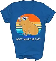 [TiQi] Retro Rodent Funny Capybara Dont Be Worry Be Capy Unisex Shirt Gift Women Men T-Shirt (Royal;S)