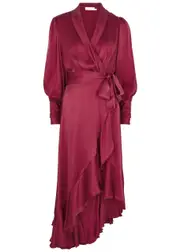 Zimmermann Ruffled Silk-satin Midi Wrap Dress - Dark Red - 3 3