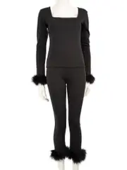 Black Feather-Trim Pyjama Set