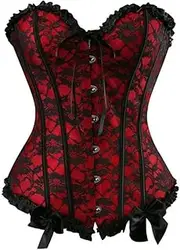 [FAWENLI] Fashion Women Overbust Corset Sexy Red Satin Floral Lace Overlay Polka Dot Corsets And Bustier Plus Size Sxxl