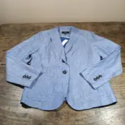 Talbots Women's Sz 12P Petites Jacket 100% Linen Blue Lined Blazer Buttons NEW