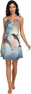 [RPLIFE] Dolphins Jumping Cloudy Sky Lingerie Slip Dress, Sexy V Neck Satin Cami Dress, S-XXL