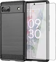 [Asuwish] Phone Case for Google Pixel 6A 5G 2022 with Tempered Glass Screen Protector Cover and Cell Accessories Soft TPU Slim Thin Silicone Hybrid Pixel6A Protective Women Men Carbon Fiber Dark Black