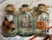 Set of 3 Small Glass Jar Bottles w/Cork - Fall Autumn Pumpkins Thanksgiving