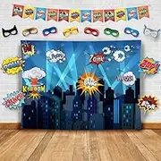 Superheroes Theme Party Photography Backdrop with Prop, Flag & Mask. Super Hero Cityscape Photo Booth Background for Kids Party, Birthday Wall Decorations