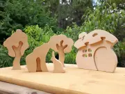 Wooden play set house, trees, rabbit. Waldorf Montessori Stacking Toys for kids