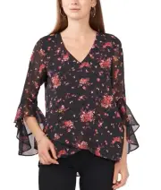 Vince Camuto Floral-Print Flutter-Sleeve Top Black Size XS, MSRP $89