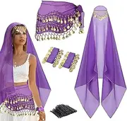 [WYVAS] 4 Pcs Belly Dance Outfit Sets Belly Dance Chiffon Hip Scarf, Head Scarf with Gold Coins 2 Coin Wrist Bracelet 50 Bobby Pins