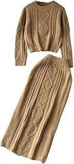 [Generic] Women's French Retro Twist Knit Round Neck Long-Sleeved Jumper High-Waisted Slim Long Skirt 2Pcs Set