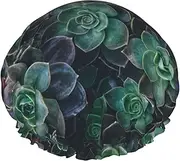 Green Succulent Print Various Activities Shower Cap Reusable Soft And Lightweight Bath Hair Cap Long Hair