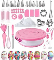 Professional Pastry Kit, Cake Decorating Kit, Turntable Tools, Plates, Supplies Stand with Scrapers, Spatulas, Pastry Bags and Piping Tips (Pink)