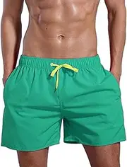 [Aosufei] Men's Stretch Waterproof Swim Trunks Solid Drawstring Casual Beach Shorts Quick Dry Loose Shorts with Mesh Liner