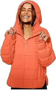 [VESNIBA] Women's Quilted Pullover Puffer Jacket Oversized Long Sleeve Hooded Coats Winter Warm Lightweight (Orange-b, M)