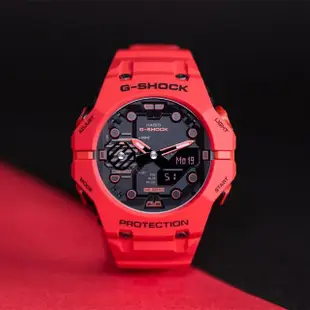 【CASIO 卡西歐】G-SHOCK 火焰紅 藍牙碳纖維核心防護雙顯手錶(GA-B001-4A)