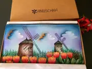 ANUSCHKA VINTAGE WINDMILLS HAND-PAINTED LEATHER TWO-FOLD WALLET - NWT