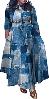 [Xuideoy] Casual Plus Size Maxi Dress for Women African Print Long Dress 3/4 Sleeve Flowy Ruffle Dress with Belt 2024 Summer, Denim, X-Large
